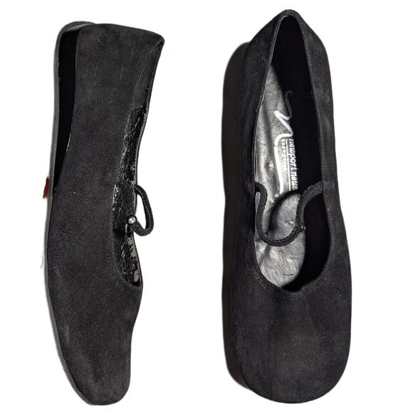 Vtg 1990s Newport News Black Suede Square Toe Elastic Strap Mary Jane Flats 10 W - Picture 1 of 7